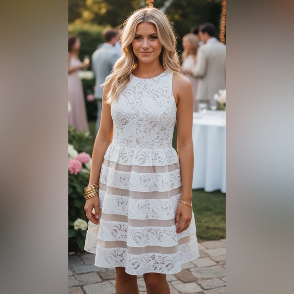 Aidan Mattox Flare Halter Lace Sleeveless Party Dress 12 White Nude ($458) NWT